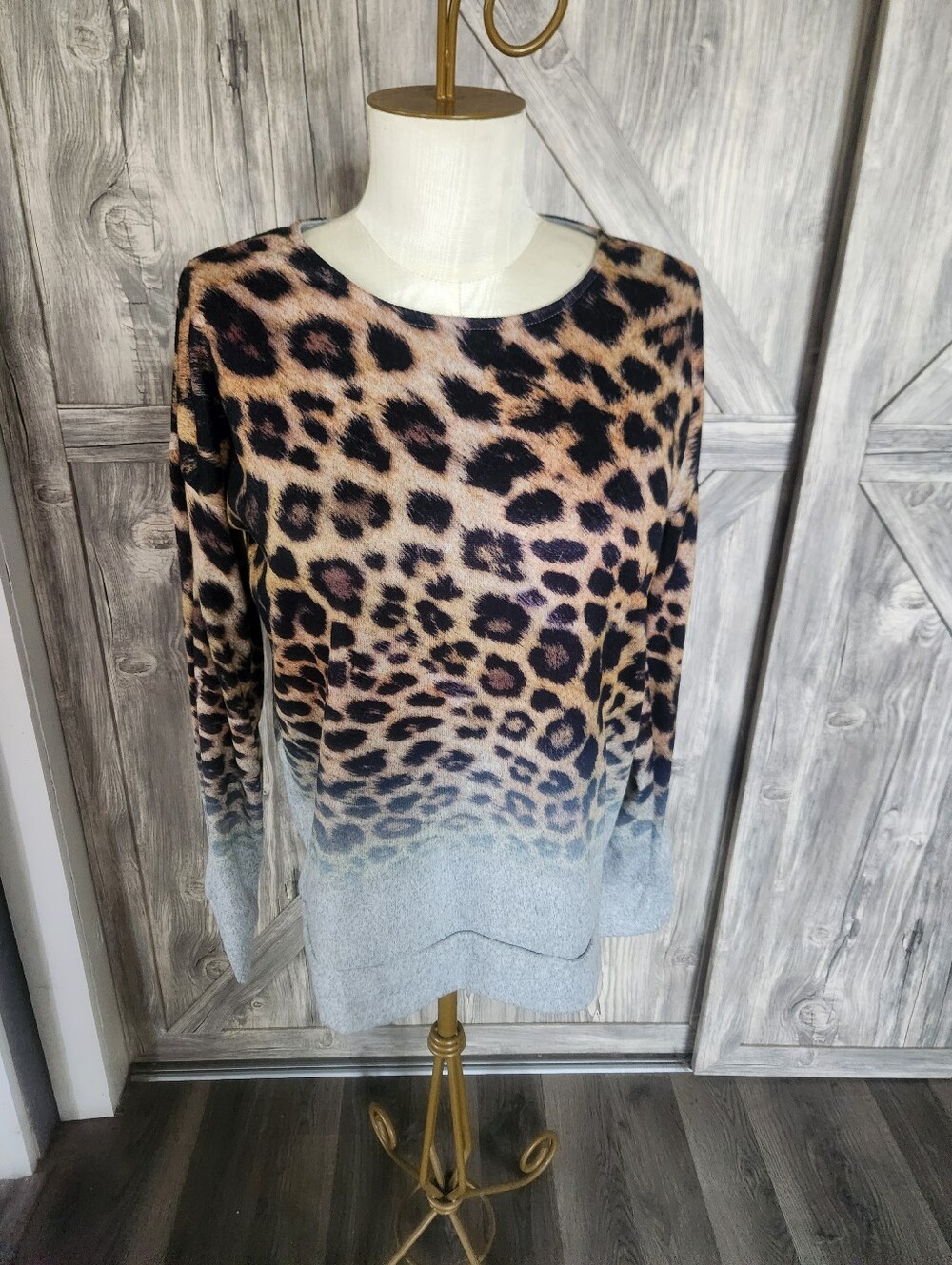 Sweet Claire Leopard And  Heather Gray  Ombre Knit Top